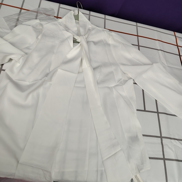 White Long Sleeve Bow Tie Neck Blouse - Picture 5 of 8